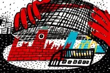 Illustration zweier roter Hände, die einen Käfig über den Kreml stülpen