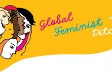 Illustration: Mehrere Köpfe auf gelbem Hintergrund mit dem Schriftzug "Global Feminist Pitch"