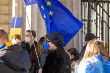 Flag of the European Union at a demonstration against the war in Ukraine 