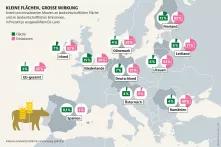 Mooratlas Infografik: Anteil von entwässerten Mooren an landwirtschaftlicher Fläche und an landwirtschaftlichen Emissionen, in Prozent je ausgewähltem EU-Land