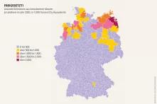 Mooratlas Infografik: Gesamte Emissionen aus entwässerten Mooren je Landkreis im Jahr 2020, in 1.000 Tonnen CO₂-Äquivalente