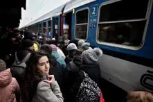 Ukrainische Geflüchtete stehen an einem Bahnsteig in Przemyśl und sind dabei, in einen Zug einzusteigen.