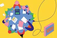 Illustration eines Tisches, an dem Journalist*innen sitzen