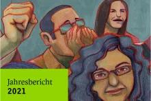 Cover Jahresbericht 2021 - Illustration, 3 Menschen in Aktion
