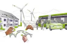 Eine Illustration in grau mit grünen Elementen zeigt grüne Säulen vor einem skizzierten Akku, ein Reihenhaus, Windräder, Solaranlagen, Personen zu Fuß und auf dem Fahrrad, ein Auto, einen Busm, verschiedene Geräte aus dem Berufsleben und Hände, die Puzzlestücke zu einer Brücke hinzufügen