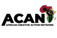 Logo of ACAN: African Creative Action Network, Shape of African continent with a hand holding a mic
