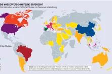 Die Infografik zeigt eine Weltkarte, die anhand verschiedener Farben, den Forschungsstand verschiedener Länder zur Wasserverschmutzung zeigt.