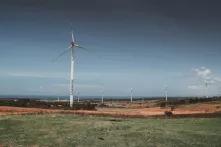 Several white wind power plants on a green landscape