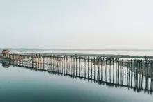 A footbridge runs on high, wooden stilts over a lake, with people walking across it.