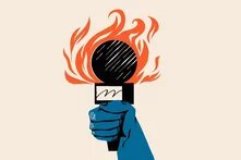Graphic: A hand holds a burning microphone