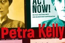 Plakat - Profilbild von Petra Kelly in vier Farbschattierungen mit Aufschrift "Petra Kelly - Act Now!", 12.09. im Kino