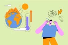  Illustration: Eine Person hält sich erschrocken den Kopf. Links sind eine brennende Erdkugel, Sonne, Thermometer und Aufwärtspfeil dargestellt.