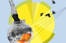 Illustration: Ein Mensch taucht kopfüber in ein Glasgefäß mit einem Goldfisch. Daneben fliegen Vögel vor einem gelben, geometrischen Hintergrund. Text: "böll.spezial, Heinrich Böll Stiftung".