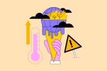 Illustration: Eine Hand hält eine schmelzende Eiskugel in Form der Erde, die brennt. Links ein Thermometer und ein Pfeil nach oben, rechts ein Warnschild.