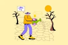 Illustration: Person gießt eine Pflanze auf ausgetrocknetem Boden, umgeben von dürren Bäumen. Im Hintergrund Sonne und Regenwolken-Symbol.