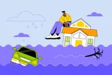 Illustration: Person sitzt auf Hausdach, umgeben von Hochwasser. Ein Auto und Ast treiben im Wasser. Wolken und Regentropfen am Himmel.