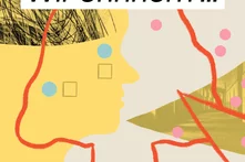 Gelbes Kopfprofil mit schwarzen Linien, roten Konturen und geometrischen Formen. Text: „PODCAST – Wir erinnern ...“ Logo der Heinrich-Böll-Stiftung unten.