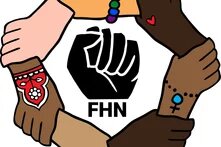 Illustration: Six interlocked hands form a circle, inside the circle is a black fist and the letters "FHN."