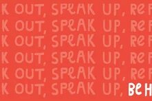 Illustration: Roter Hintergrund mit wiederholtem Text „SPEAK OUT, SPEAK UP, REPEAT“ in heller Schrift. Unten rechts steht „BE HEARD“ in Weiß.