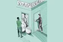 Illustration: Gebäude mit Schild „Schauspielschule“, eine Tür ist mit Steinen versperrt, eine zweite Tür offen; Hintergrund ist mintgrün.  