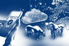 Hand tippt auf Smartphone „Transaction completed“, daneben Cloud-Symbol, Bulle, Bär und leuchtende Weltkarte.