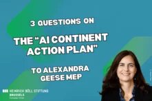 Foto: Porträt von Alexandra Geese MdEP rechts unten, daneben Text über das „AI Continent Action Plan“ auf blau-grünem Hintergrund.