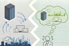 Illustration: Gegenüberstellung von zwei Rechenzentren, eines mit Industrieemissionen, das andere mit grüner Energie im Denkblasenstil 