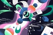 Illustration: Abstrakte digitale Elemente schweben vor dunklem Hintergrund; in der Mitte ein Auge in einem Würfel, umgeben von Datenströmen.