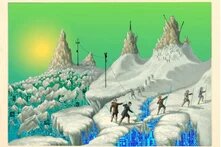 Illustration: Wandernde Menschen mit Stöcken über verschneite Berglandschaft, darunter digitale Strukturen.