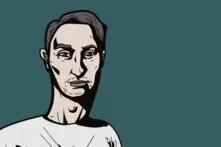 Illustration: Person mit kurzem, dunklem Haar vor einfarbigem, grünlich-blauem Hintergrund, schaut geradeaus, trägt helles Oberteil.