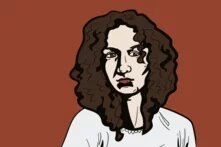 Illustration: Person mit lockigem, dunklem Haar vor einfarbigem, rötlichem Hintergrund, Blick nach vorn, trägt helles Oberteil.