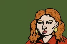 Illustration: Person mit welligem, rötlichem Haar vor einfarbig grünem Hintergrund, schaut ernst, trägt Oberteil mit Kragen.
