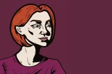 Illustration: Person mit kurzem, glattem, rötlichem Haar, neutralem Blick und einfarbigem Oberteil vor dunkelviolettem Hintergrund.