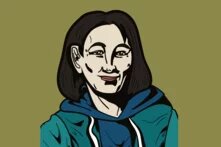 Illustration: Person mit mittellangem dunklem Haar, leichtem Lächeln, Kapuzenpulli und Jacke vor olivgrünem Hintergrund.