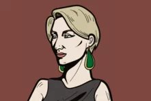 Illustration: Person mit kurzem, hellem Haar, großen tropfenförmigen Ohrringen, neutralem Blick und dunklem Oberteil vor rötlich-braunem Hintergrund.