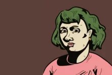 Illustration: Person mit mittellangem, grünlichem Haar vor einfarbig braunem Hintergrund, trägt Oberteil mit rundem Ausschnitt.