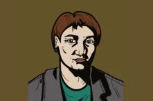 Illustration: Person mit kurzem, braunem Haar vor einfarbig olivgrünem Hintergrund, schaut nach vorn, trägt Jacke über dunklem Oberteil.