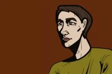 Illustration: Person mit kurzem, dunklem Haar, ernstem Blick, schmalem Gesicht und olivfarbenem Oberteil vor braunem Hintergrund.