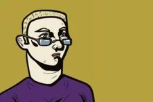 Illustration: Person mit kurzem, hellem Bürstenhaarschnitt, Brille mit dunklen Gläsern, ernstem Blick und violettem Oberteil vor gelbem Hintergrund.