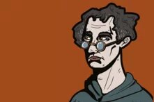Illustration: Person mit lockigem Haar und Brille vor einfarbig rötlich-braunem Hintergrund, Blick zur Seite, trägt Oberteil mit Kapuze.