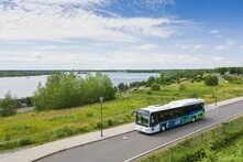 Ein Linienbus fährt auf einer Straße am See entlang, rechts und links grüne Wiesen mit vereinzelten Bäumen.