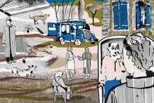 Collageartige Illustration mit mehreren gezeichneten Figuren: Zwei Frauen mit Kopftuch sprechen, eine weitere sitzt auf einem Stuhl. Drei Hunde laufen umher. Links steht eine Person im Mantel, rechts blicken zwei Personen einander an, eine davon steht in einem Türrahmen. In der Mitte steht ein blaues Auto mit geöffnetem Heck. Im Hintergrund stilisierte Natur, Bäume und ein Gebäude mit blauen Fensterläden. Dominierend sind Beige-, Grau- und Brauntöne..