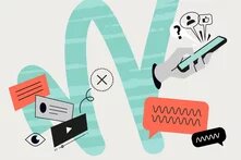 Illustration mit Hand am Smartphone, Icons für Nutzer*in, Like, Fragezeichen, Chatblasen, Video, Auge, Textkarten und X-Symbol.