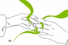 Zwei Hände berühren sich an den Fingerspitzen, grüne Wellenlinien winden sich um die Finger.