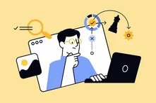Person mit Brille schaut nachdenklich auf Laptop, umgeben von Symbolen für Suche, Entscheidung, Strategie und Bildbearbeitung.
