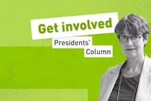 Co-President of the Heinrich Böll Foundation Imme Scholz on a green background with the words “Get Involved - Presidents' Column”