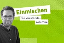 Vorstand der Heinrich-Böll-Stiftung Jan Philipp Albrecht auf grünem Hintergrund mit dem Schriftzug "Einmischen - die Vorstandskolumne"