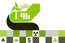 Stilisiertes Symbol für die Energiewende mit Windrad, Sonne, Solarpanel und Energiesymbolen in einem Raster darunter.