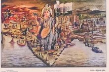 Lithograph of Bharat Mata: A central crowned figure with a trident stands over a stylized map of India, surrounded by cities, rivers, and mountains.