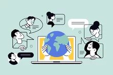Illustration von sechs sprechenden Personen um einen Laptop mit Weltkugel; Sprechblasen zeigen digitale Kommunikation.